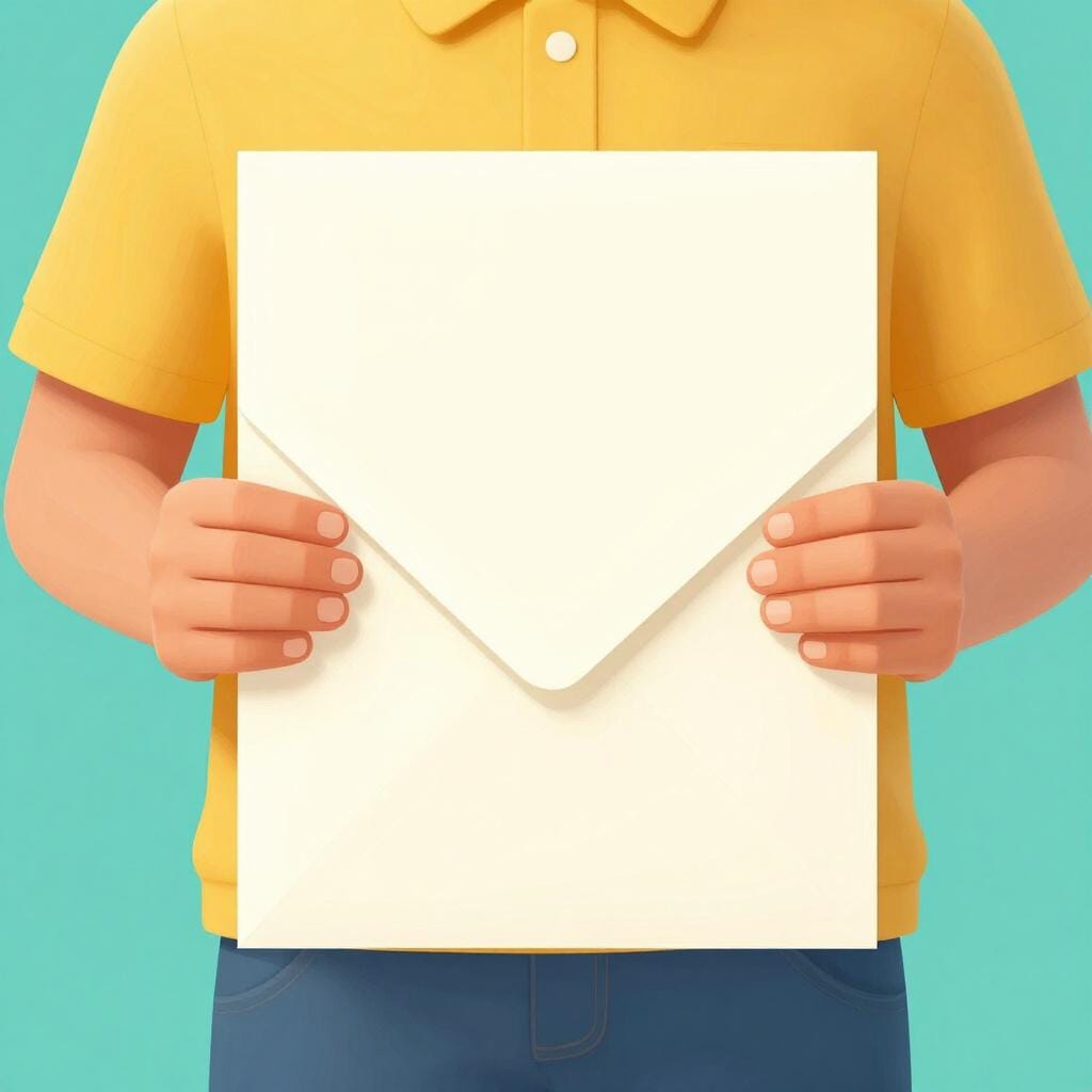 A person in a colorful uniform holding a large, sealed envelope with both hands.