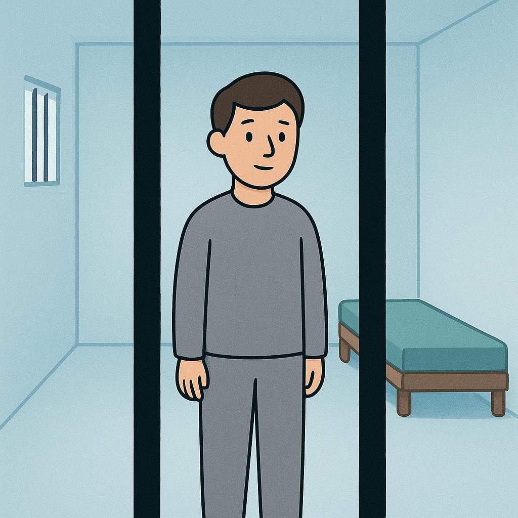 A single figure wearing a simple, gray uniform standing behind two thick, stylized vertical bars in a sparsely lit room.