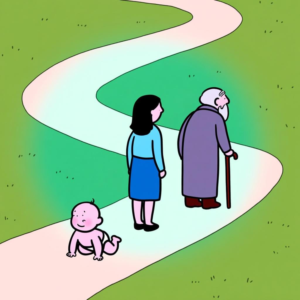 Three figures representing different life stages—a baby, a young adult, and an elderly person—walking along a simple path, illustrating the passage of time.