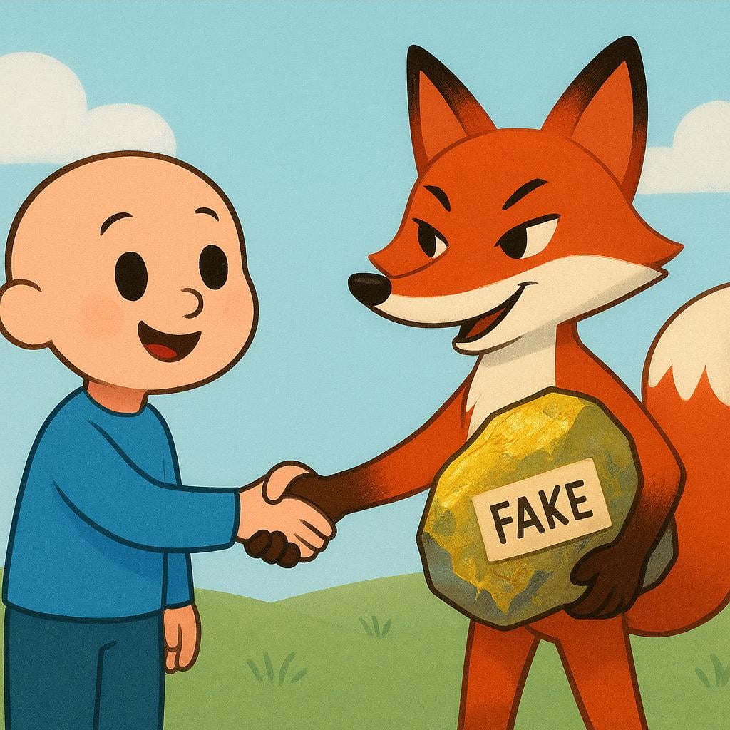 A simplistic illustration showing a naive young figure smiling and shaking hands with a sly fox holding a clearly fake gold object.