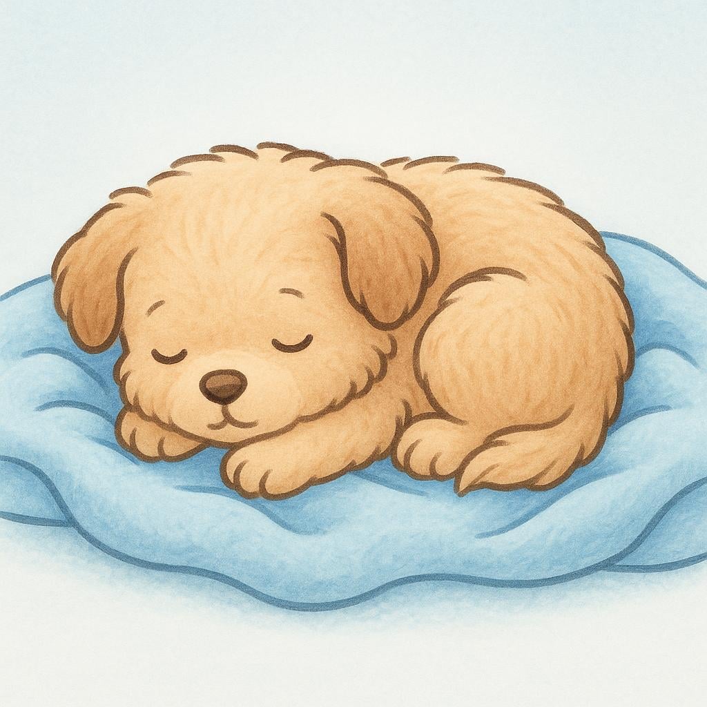 A small, tired puppy is curled up and sleeping soundly on a soft blue blanket, depicting the action of resting.