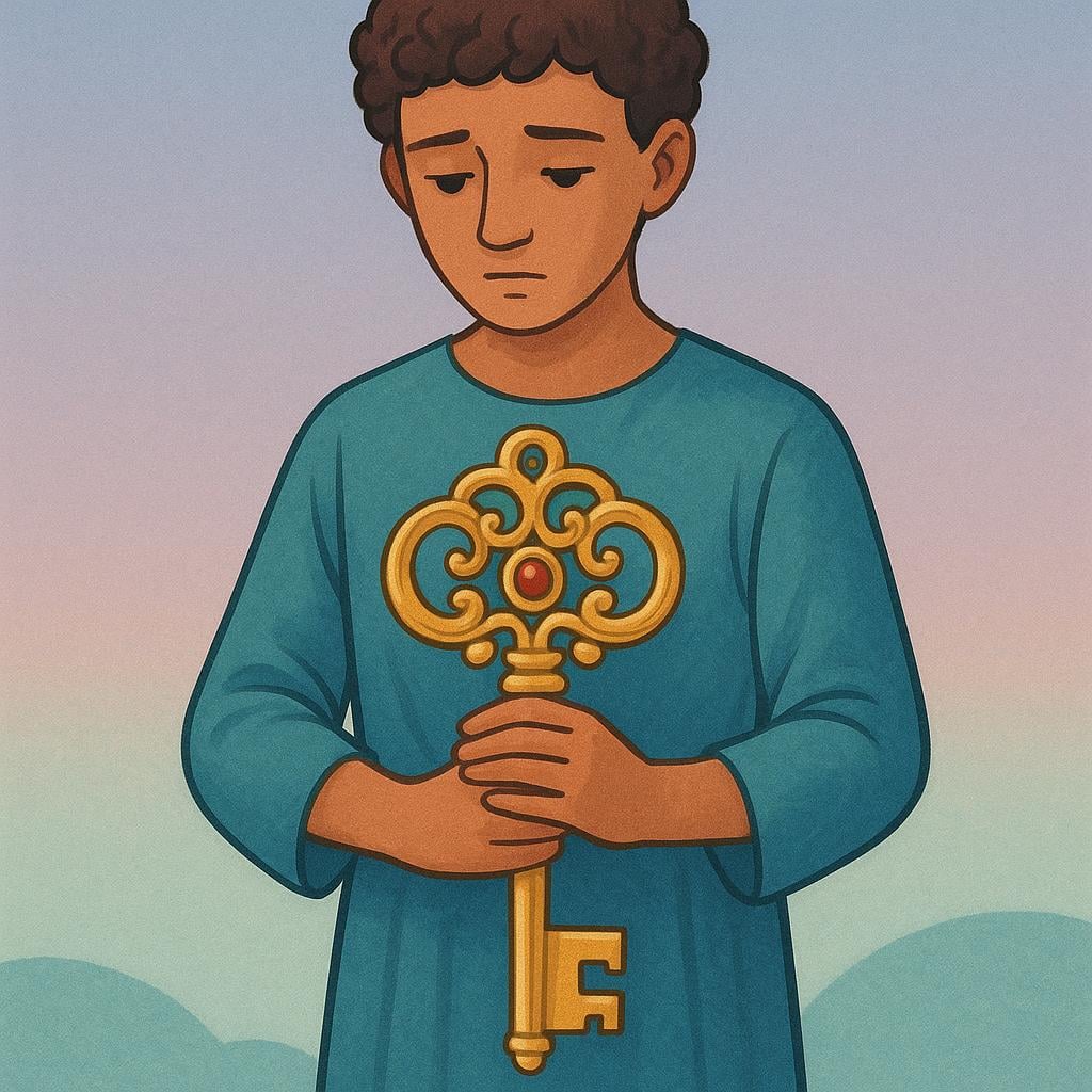 A cartoon character standing firmly while carefully holding a large, heavy-looking golden key with both hands, symbolizing the assumption of responsibility.