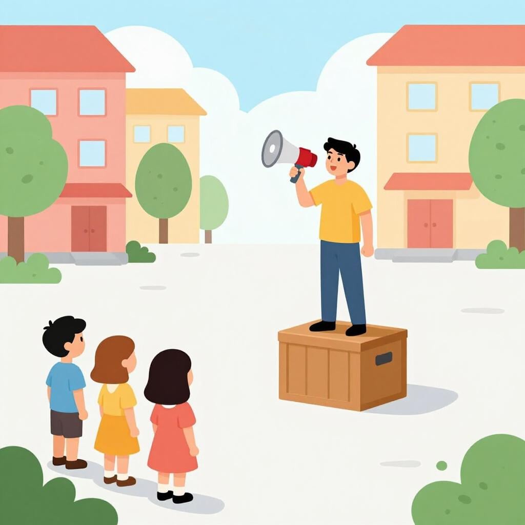 A person standing on a small wooden crate in a public square, holding a megaphone and gesturing towards a crowd.