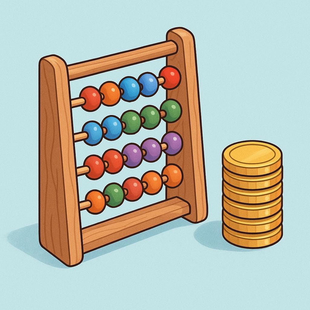 A simple wooden abacus sitting next to a neat stack of gold coins.