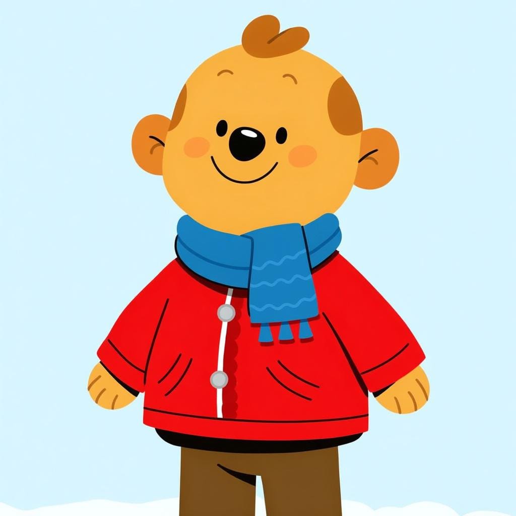 A friendly cartoon character clearly wearing a bright red jacket and a blue scarf.