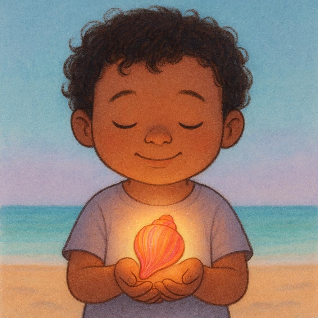 A storybook illustration of a child holding a single, luminous seashell, representing a specific recollection.