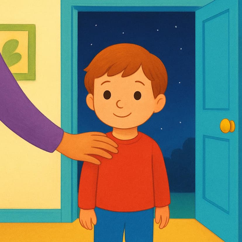 A child standing happily inside a warm, brightly lit doorway while a hand gently prevents them from stepping outside into the dark night, illustrating the command to stay.