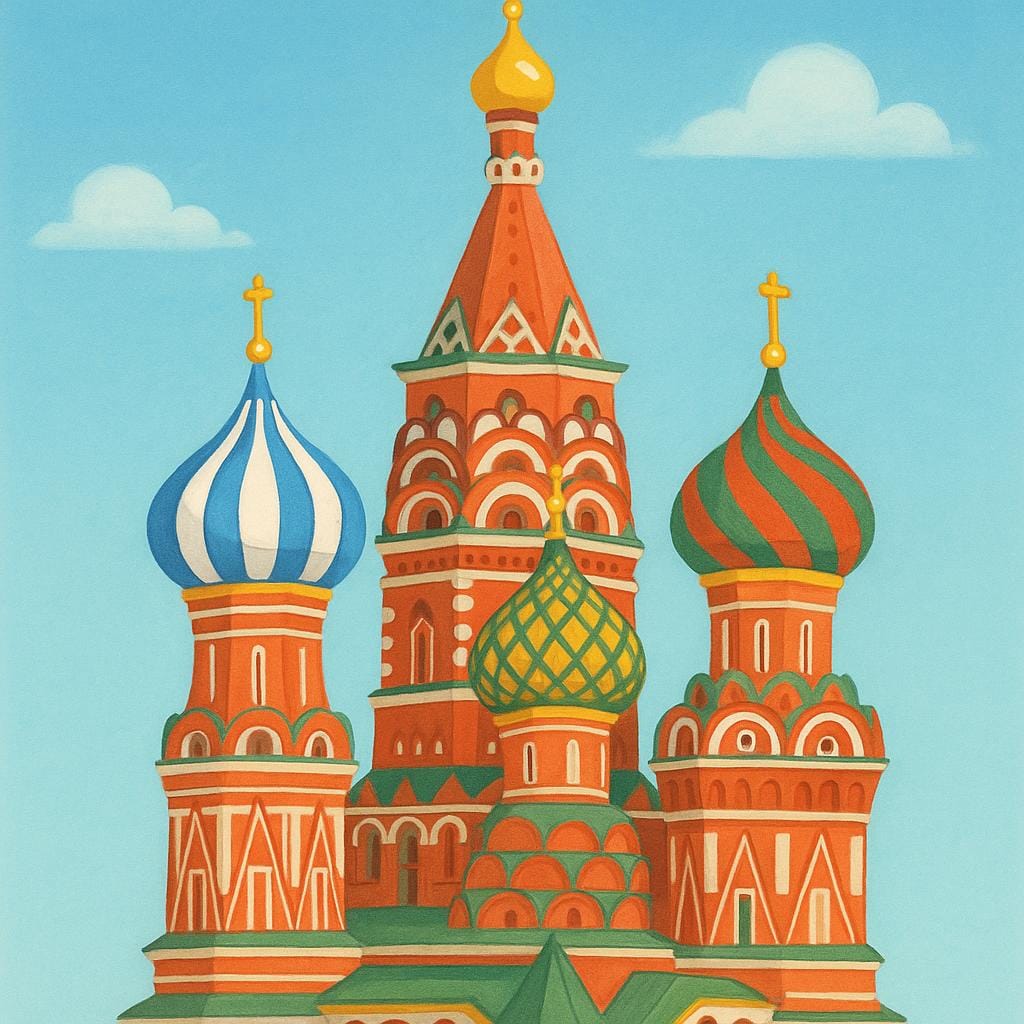 A colorful storybook illustration depicting the distinctive, multi-colored onion domes of St. Basil's Cathedral, representing the capital city of Russia.