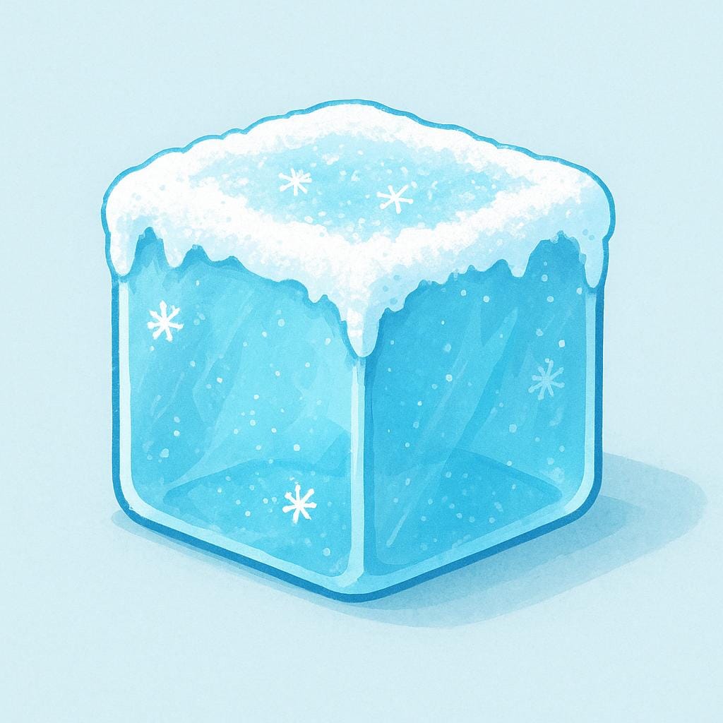 A perfectly square, light blue ice cube is covered in white frost, sitting on a simple, contrasting background.