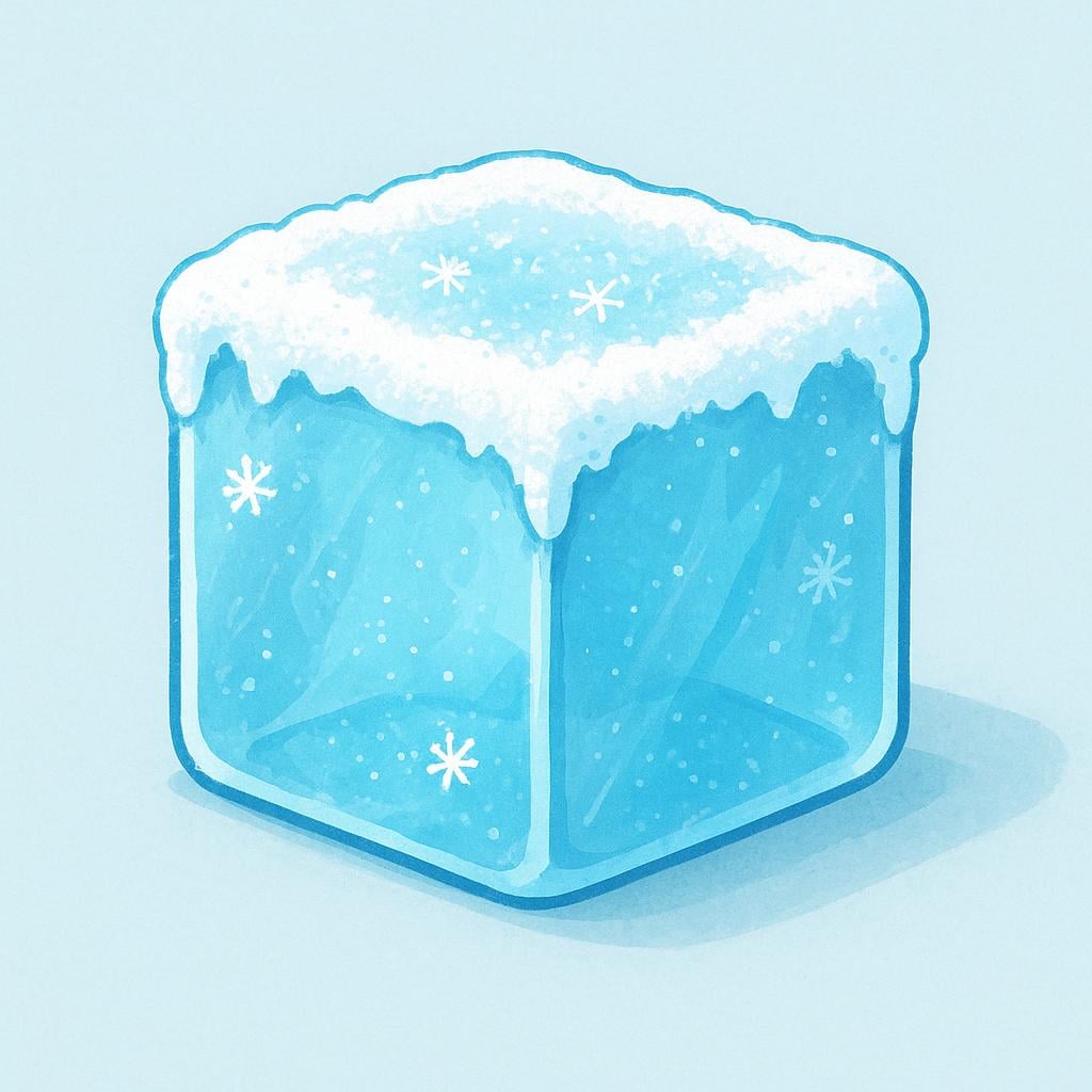 A perfectly square, light blue ice cube is covered in white frost, sitting on a simple, contrasting background.