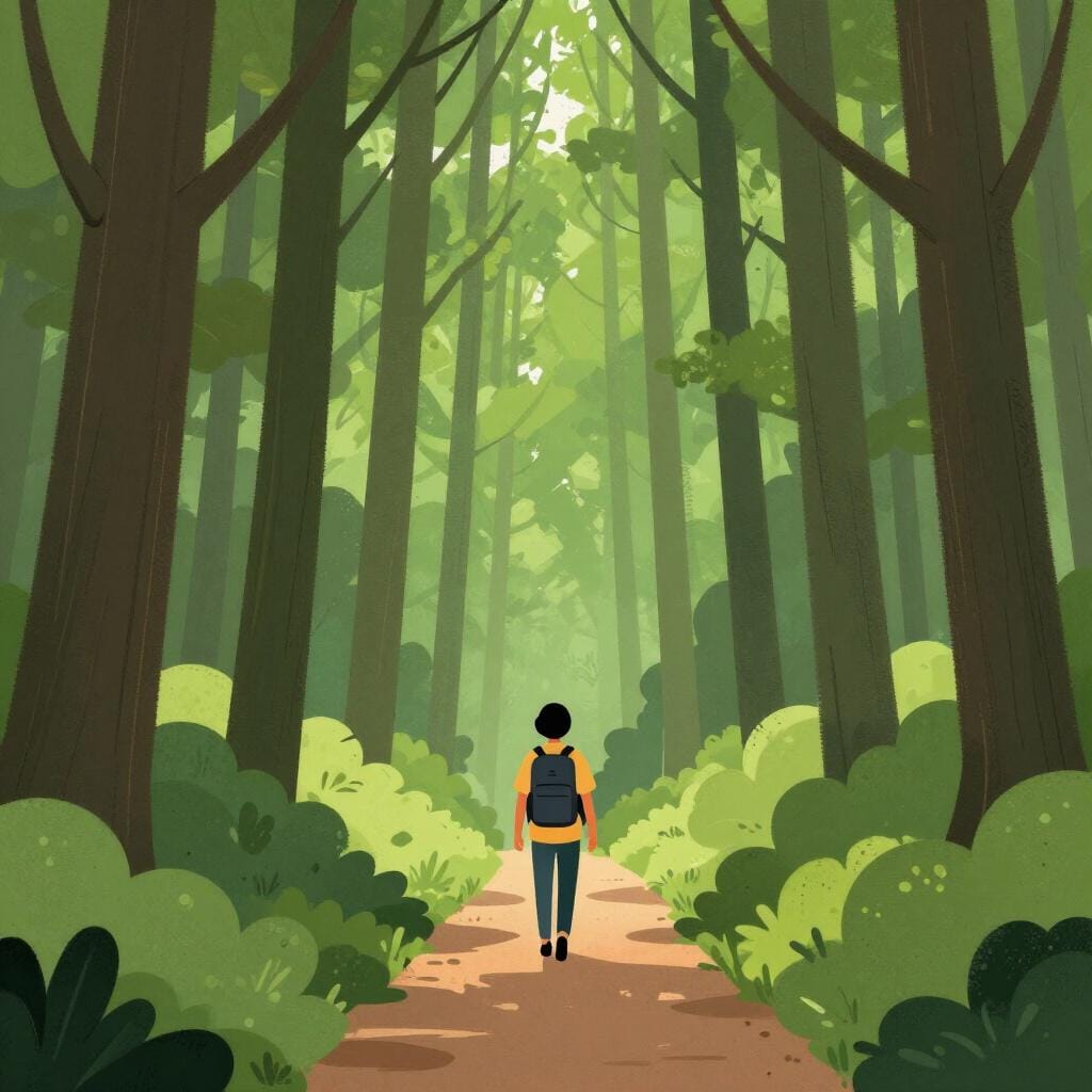 Une petite silhouette entrant dans une forêt dense et luxuriante aux grands arbres.