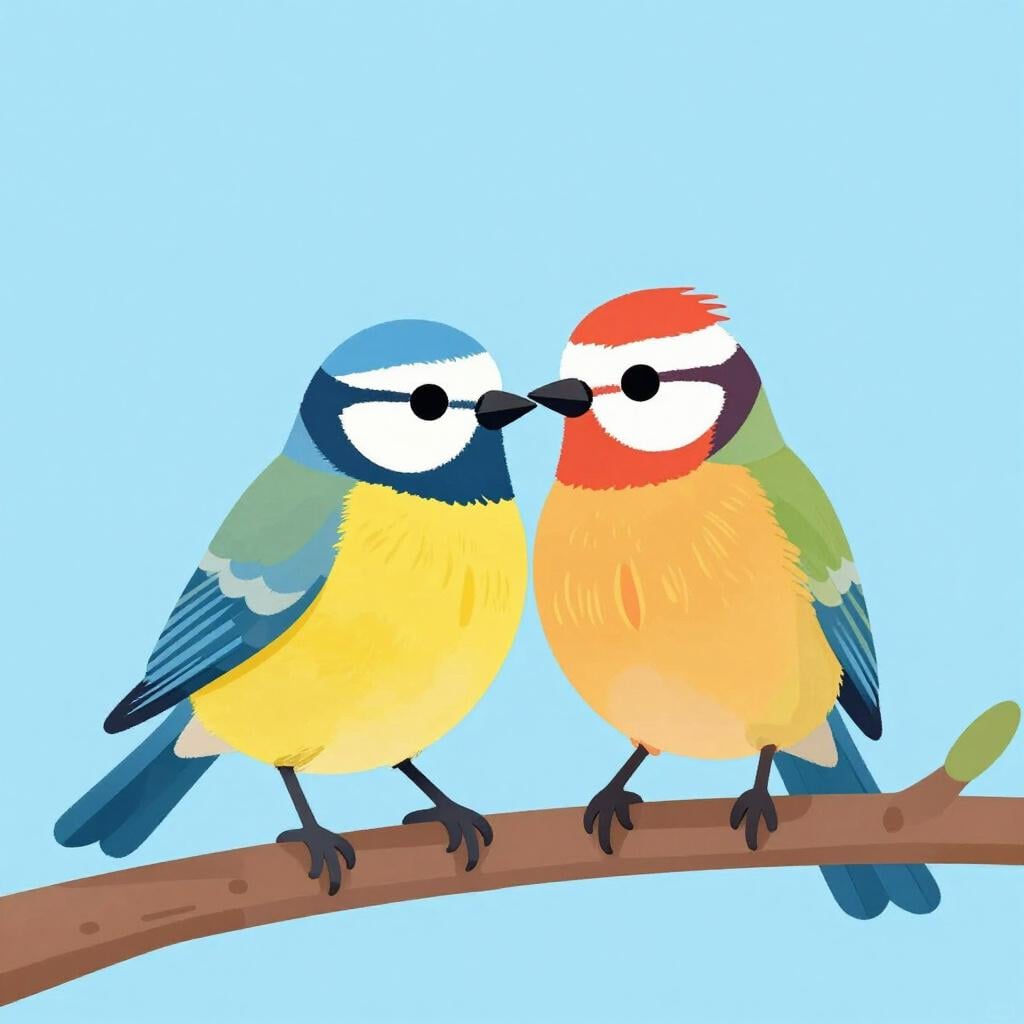 Deux petits oiseaux assis très près l'un de l'autre sur une seule branche d'arbre.