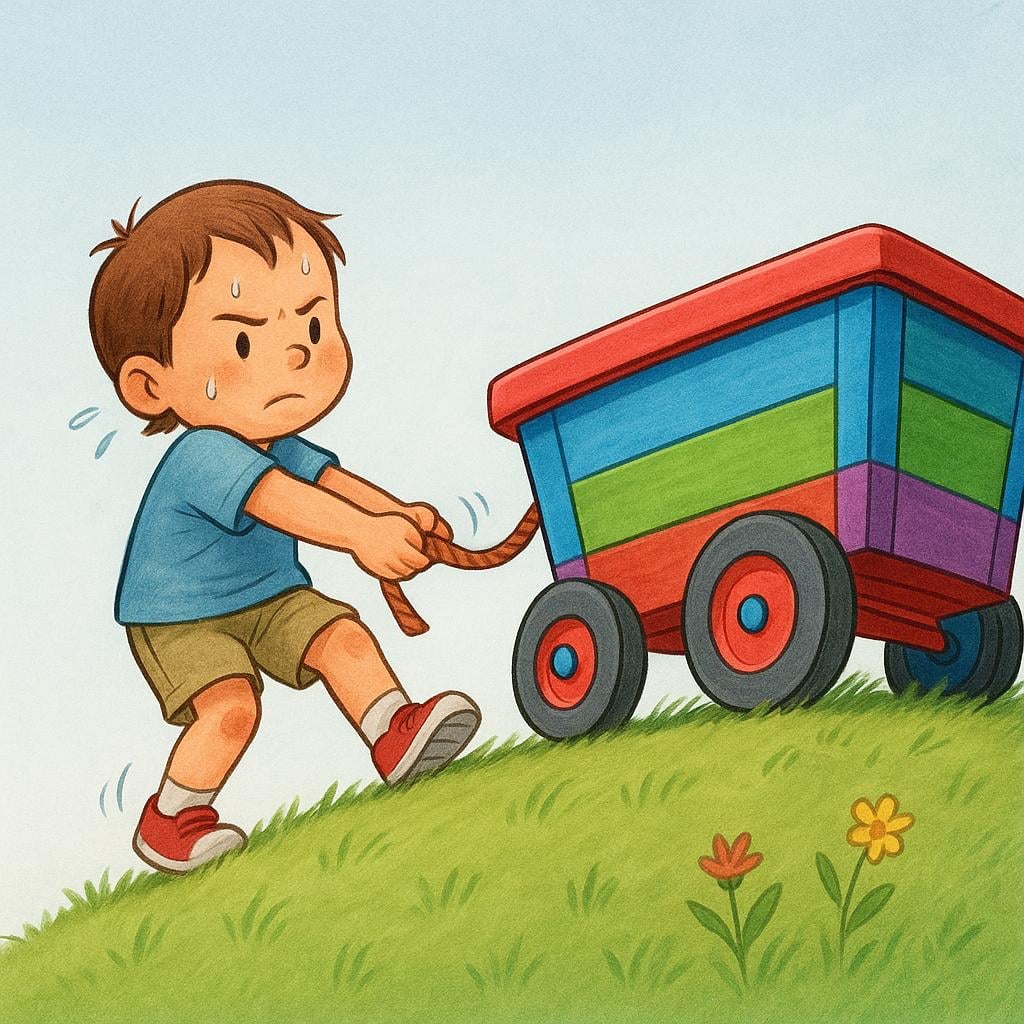 A small, determined child is shown struggling slightly, pulling a single, large, colorful wagon up a small, grassy incline, illustrating the continuous effort of 'was trying'.