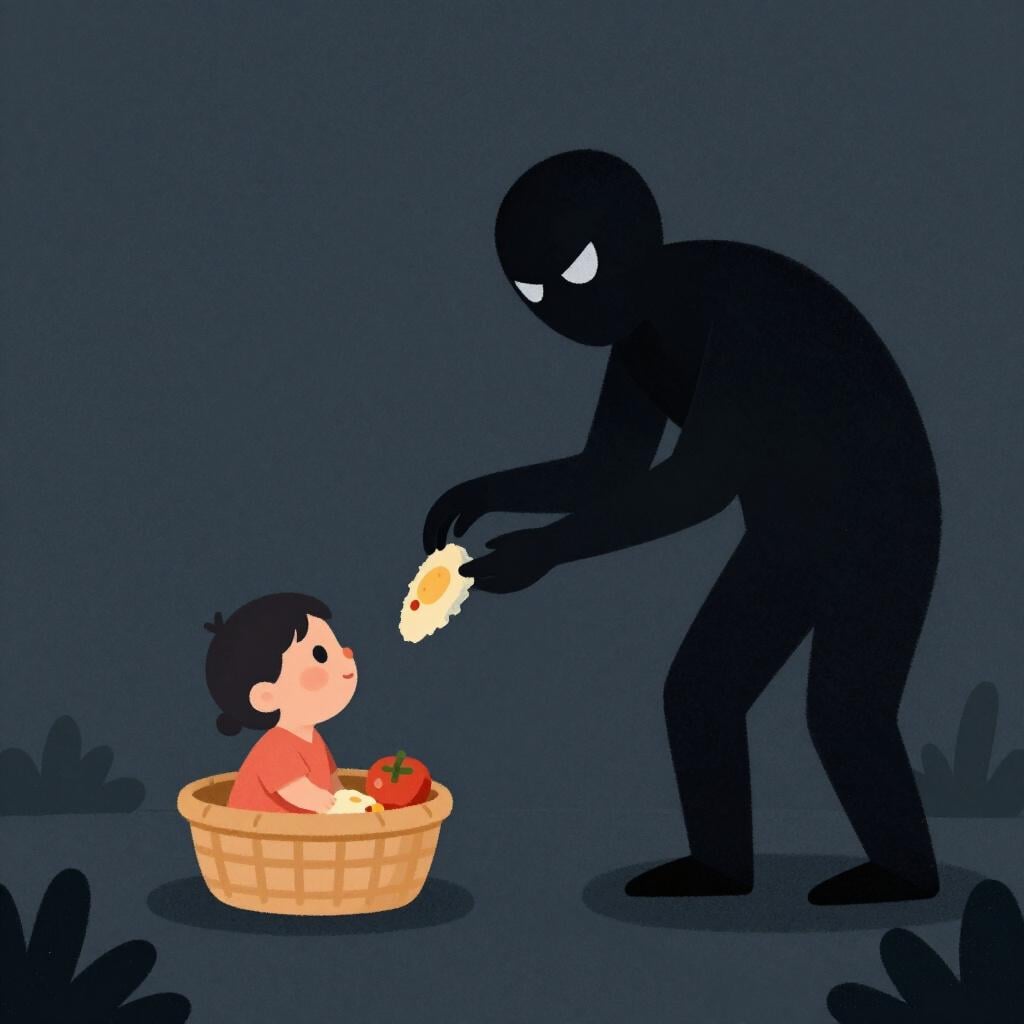 A shadowy figure in a dark cloak stealing a small loaf of bread from a hungry child's basket.