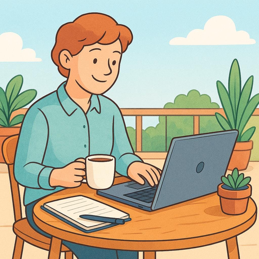 A cheerful person sitting alone at a small wooden table on a sunny patio, happily working on a laptop, representing a self-employed freelancer.