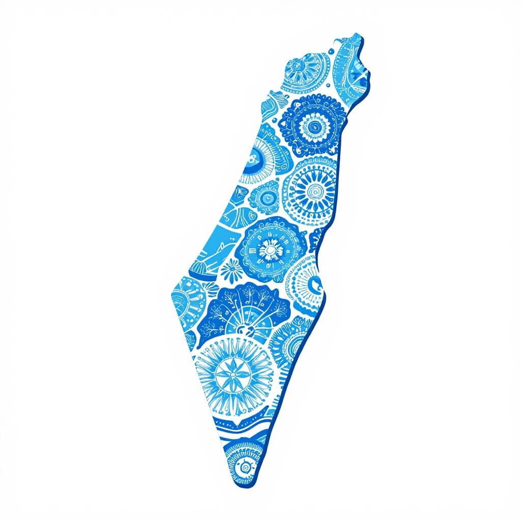 Een simpele silhouet van de kaart van Israël gevuld met een levendig blauw en wit patroon.