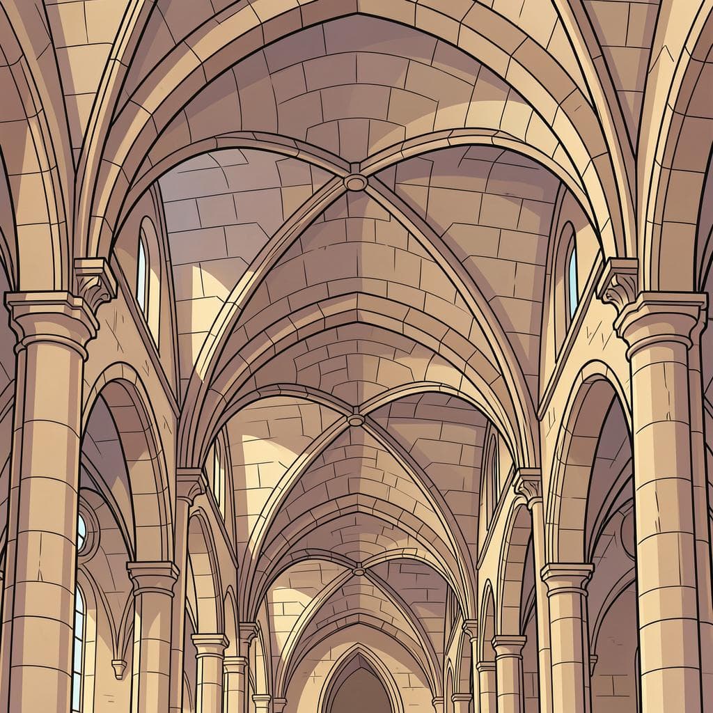 A high-quality illustration of a grand stone arched ceiling in an old building.