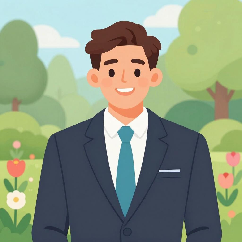 A well-dressed, smiling man with a charming face standing in a garden.