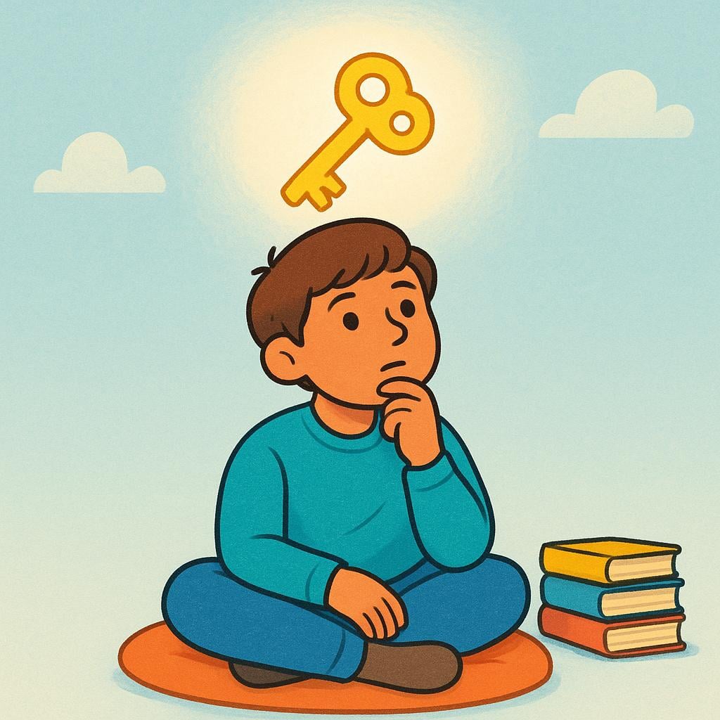 A young person sitting quietly, looking thoughtful, with a large, stylized, bright yellow key floating directly above their head, symbolizing a sudden idea.
