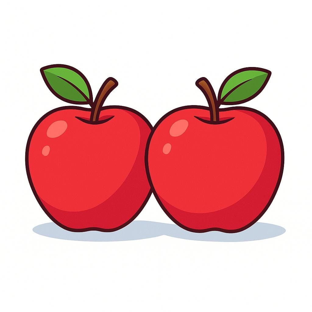 A simple image showing two identical, bright red apples placed side by side on a neutral surface, representing a pair.
