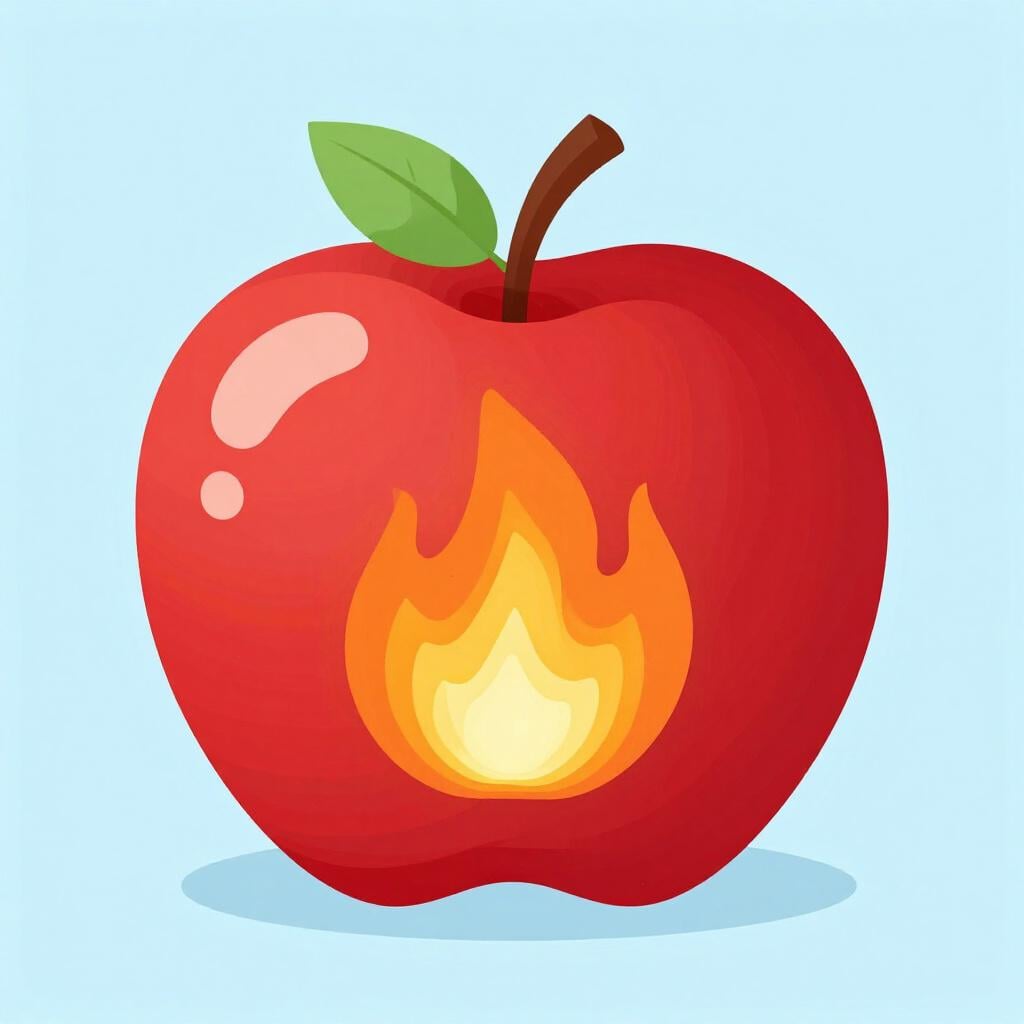 A bright orange and yellow flame shape inside a glowing red apple.