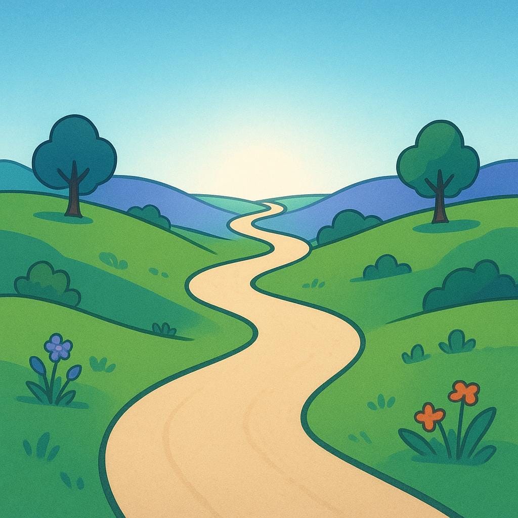 A simple illustration depicting a long, winding road or path stretching far into the distance, symbolizing a journey or progression.