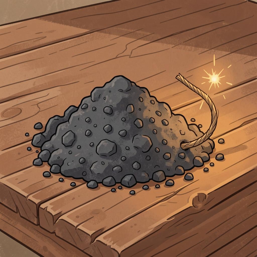 A small pile of dark grey granular gunpowder on a wooden surface with a single lit fuse leading to it.