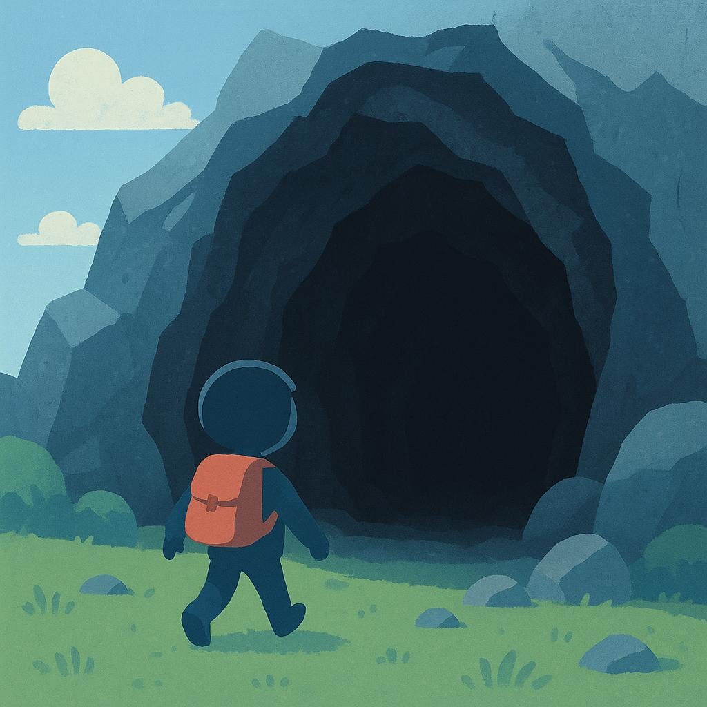 An illustration of a small person stepping through the dark, arched entrance of a large, rocky cave.