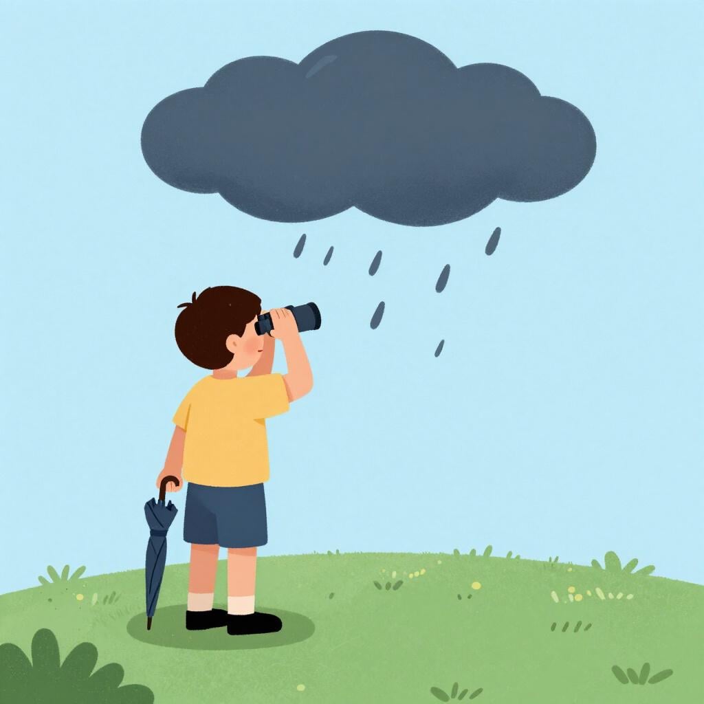 A hiker looking through binoculars at a distant rain cloud while holding an umbrella.