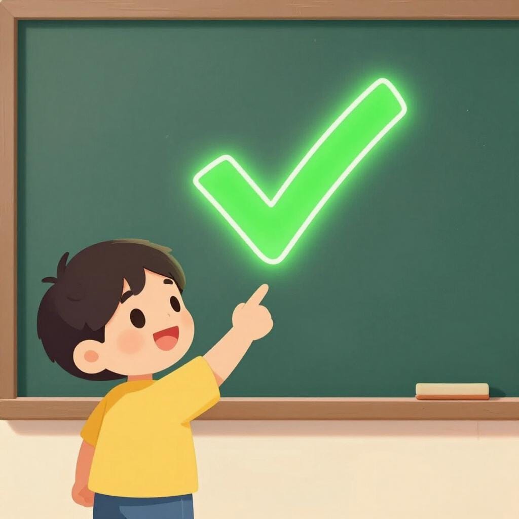 チョークボードの正解を指差して笑顔の子供。