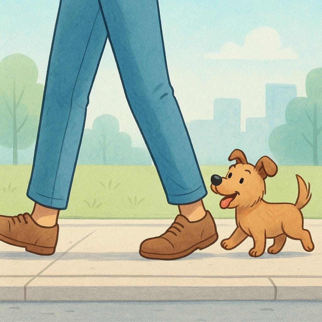 A storybook illustration showing a small, loyal dog walking directly behind the feet of a person on a simple sidewalk.