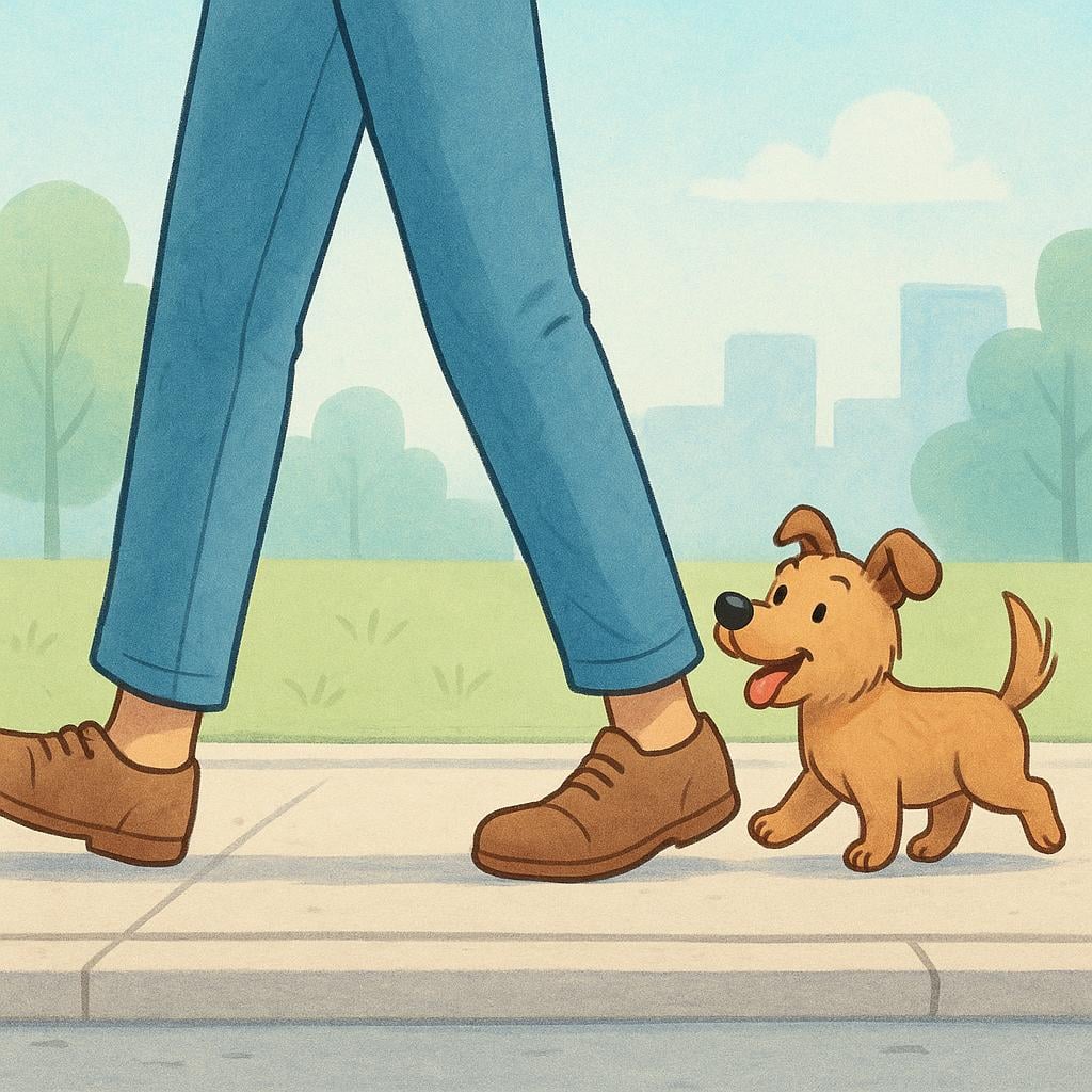 A storybook illustration showing a small, loyal dog walking directly behind the feet of a person on a simple sidewalk.