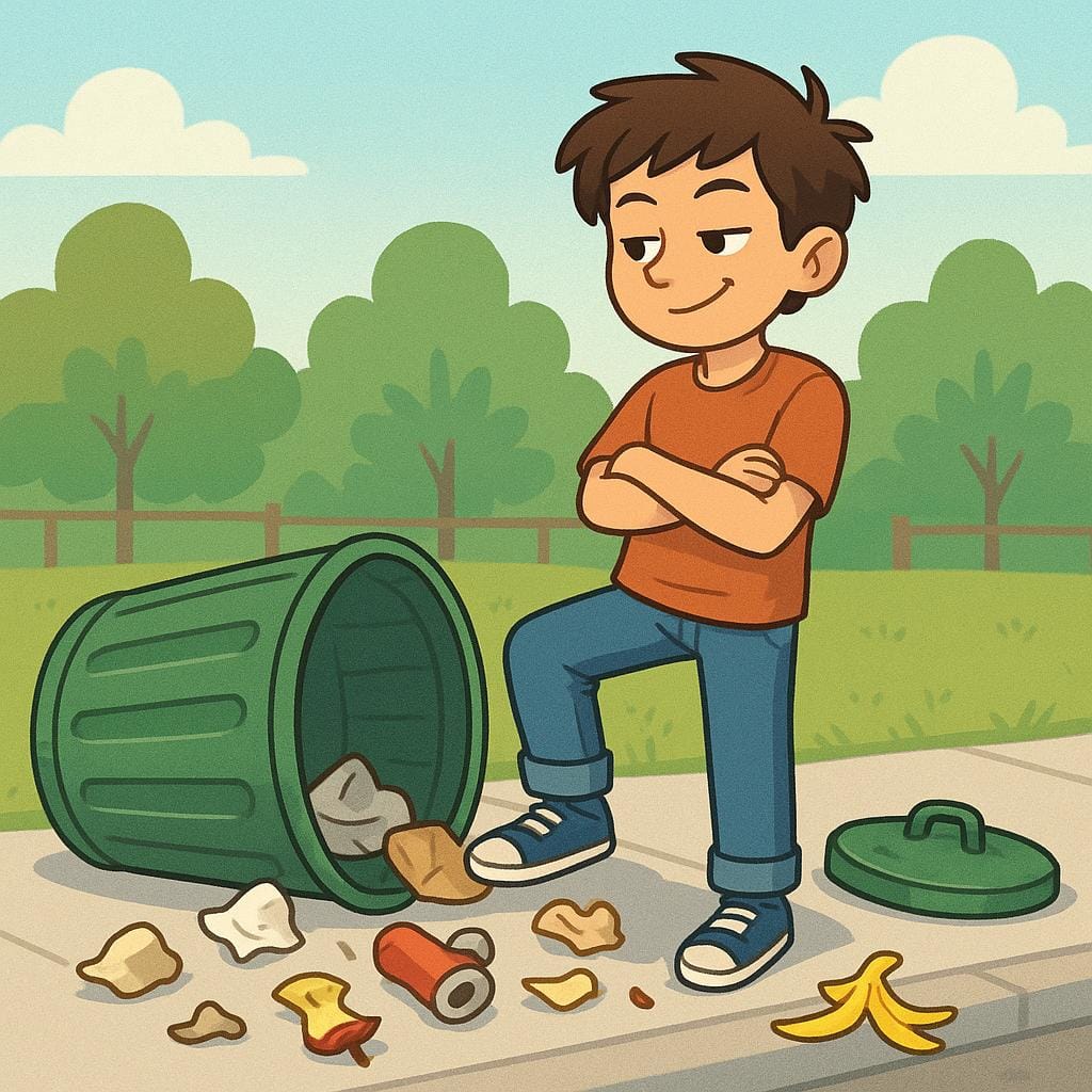 Uma ilustração de um jovem ao lado de uma grande lata de lixo de metal verde que foi deliberadamente tombada, derramando lixo na calçada.