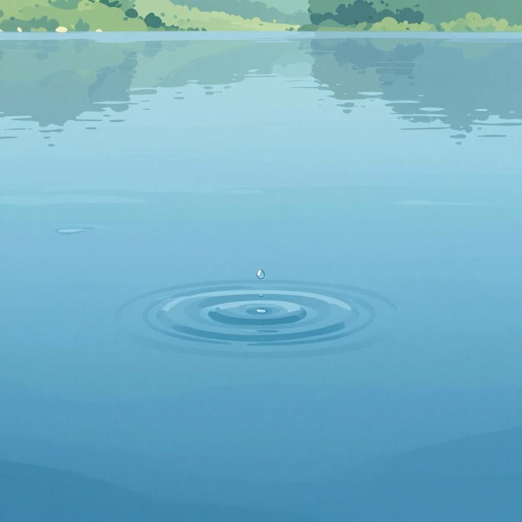 Een enkele druppel water die in een grote, kalme vijver valt en een kleine, bijna onzichtbare rimpel veroorzaakt.