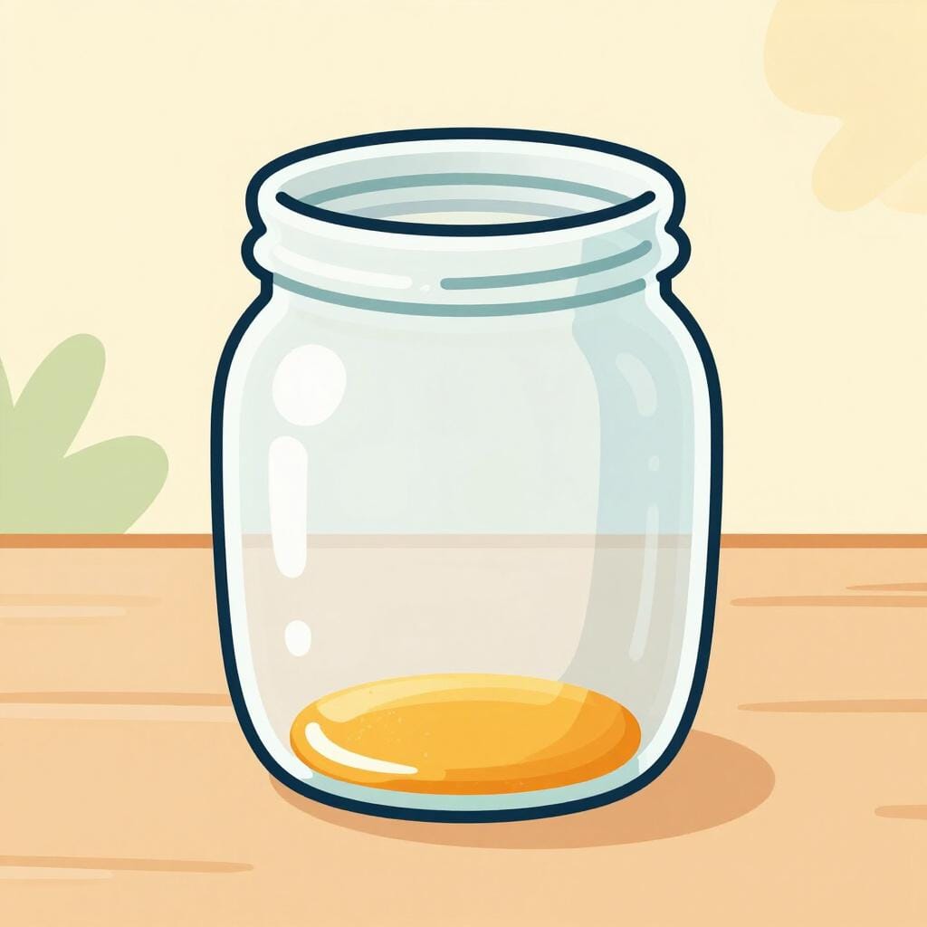 Een lege glazen honingpot met nog één druppel honing onderin.