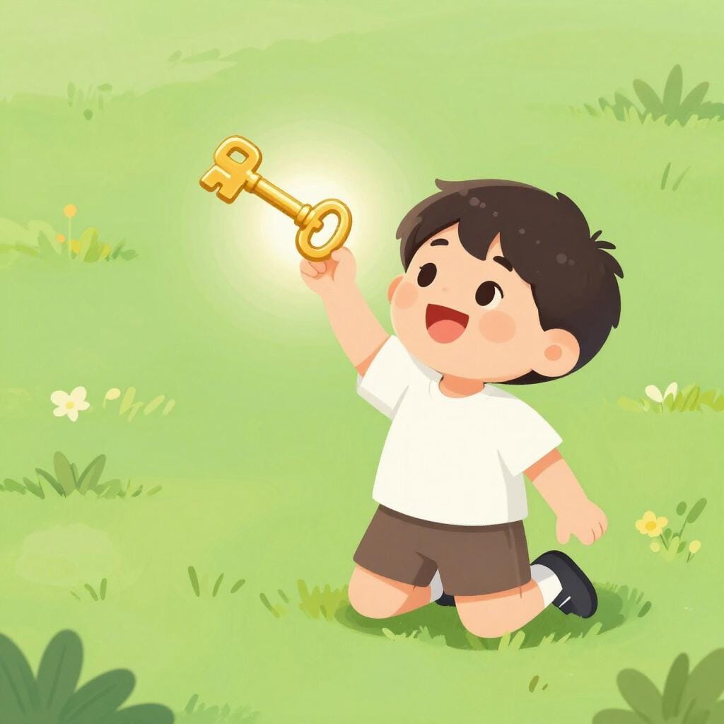 A child happily holding a small golden key they discovered in the grass.