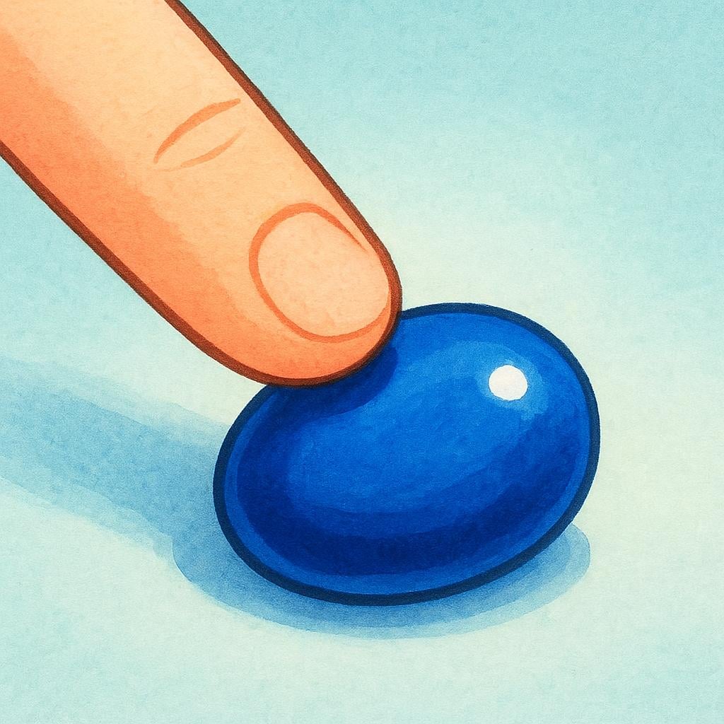 A close-up view of a human index finger gently making contact with the smooth, polished surface of a round, blue stone.