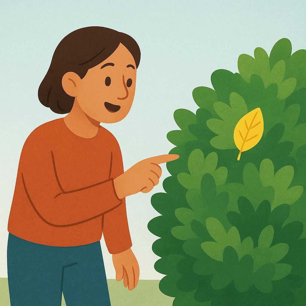A person looking at a bright yellow leaf on a green hedge with a look of discovery.