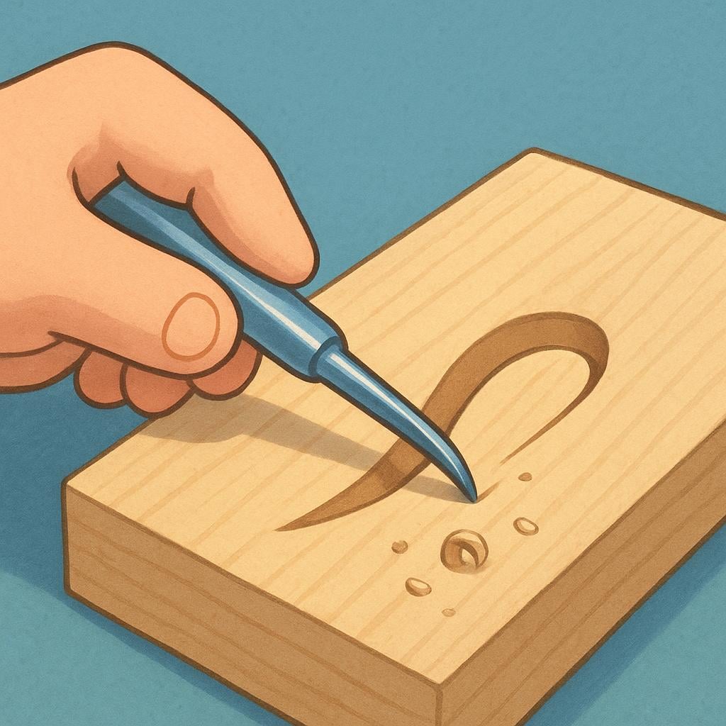 A close-up illustration of a hand holding a metal stylus, carving a deep, simple curved line onto a flat wooden block.