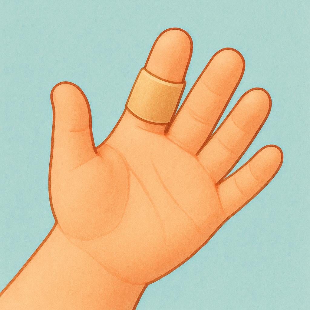 A close-up of a cartoonish character's bandaged finger, showing a small, bright red drop of blood emerging from the wound.