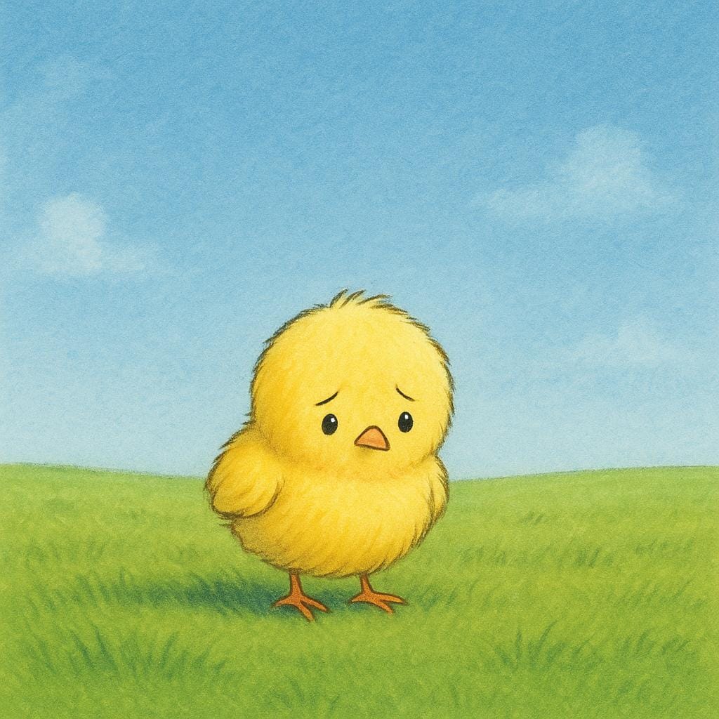 A tiny, newly hatched yellow chick stands alone in a wide, open green field under a vast blue sky, emphasizing its fragility and lack of protection.