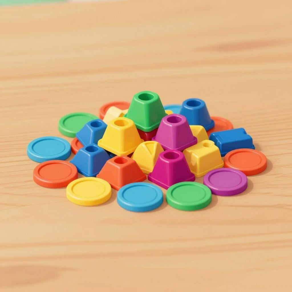 A small pile of colorful circular game pieces and square tokens on a wooden surface.