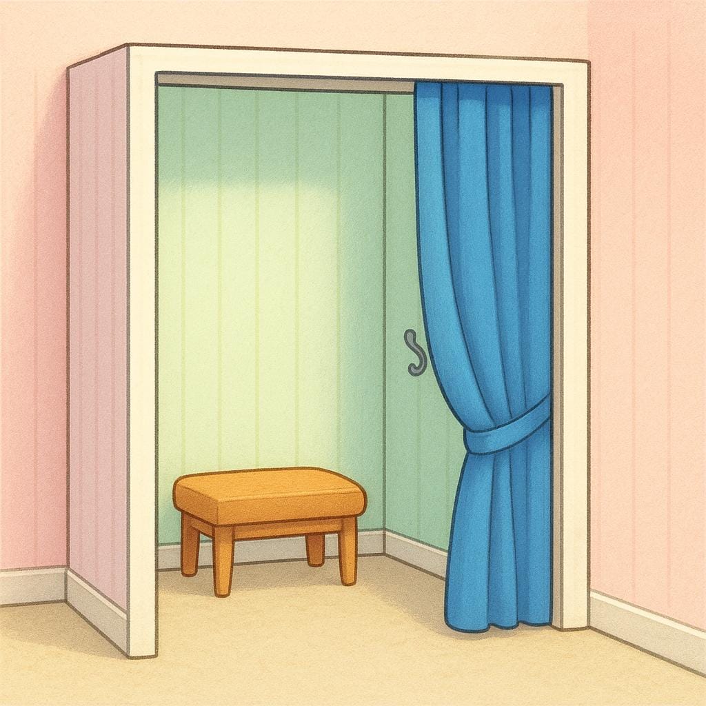 An illustration of an empty changing room booth, featuring a simple privacy curtain pulled aside, a small bench, and a hook on the wall.