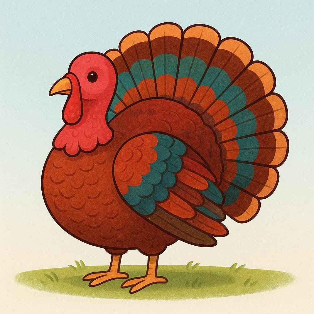 A single, plump male turkey with colorful feathers standing on green grass.