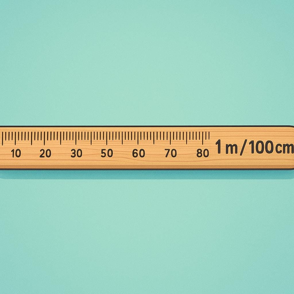 A single, wooden measuring stick, exactly one meter long, resting on a flat surface.
