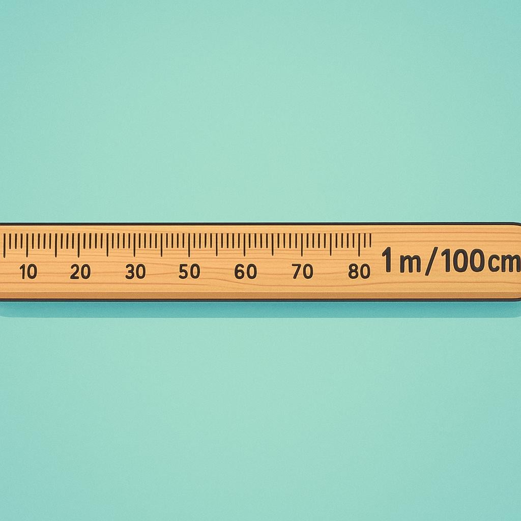 A single, wooden measuring stick, exactly one meter long, resting on a flat surface.