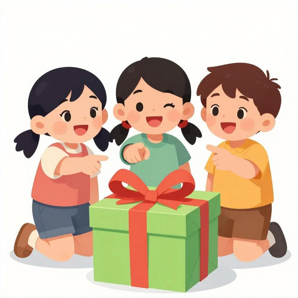 Trois enfants joyeux se tiennent ensemble et regardent avec enthousiasme une grande boîte cadeau brillamment emballée placée devant eux, symbolisant la possession future.