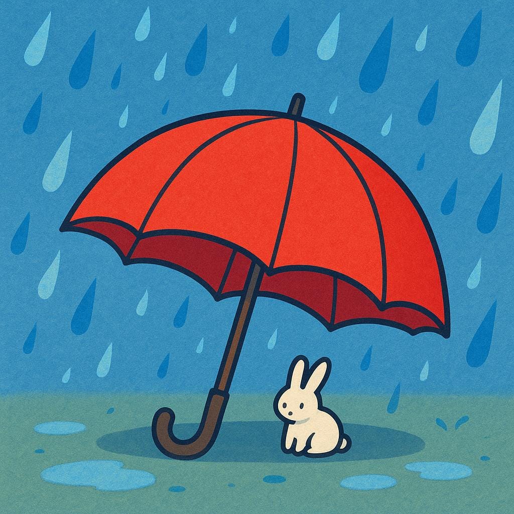 A single, essential, brightly colored red umbrella standing upright in the rain, symbolizing a necessary item for the weather.