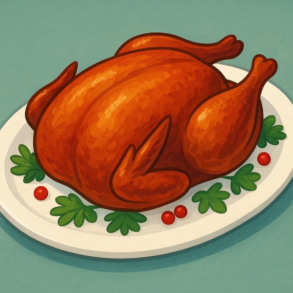 A golden-brown roasted whole chicken resting on a white platter, prepared as a meal.