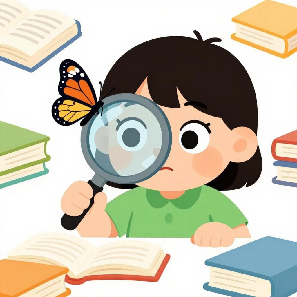 Een persoon die gelukkig omringd is door veel boeken en een vergrootglas, en die een vlinder van dichtbij bekijkt.